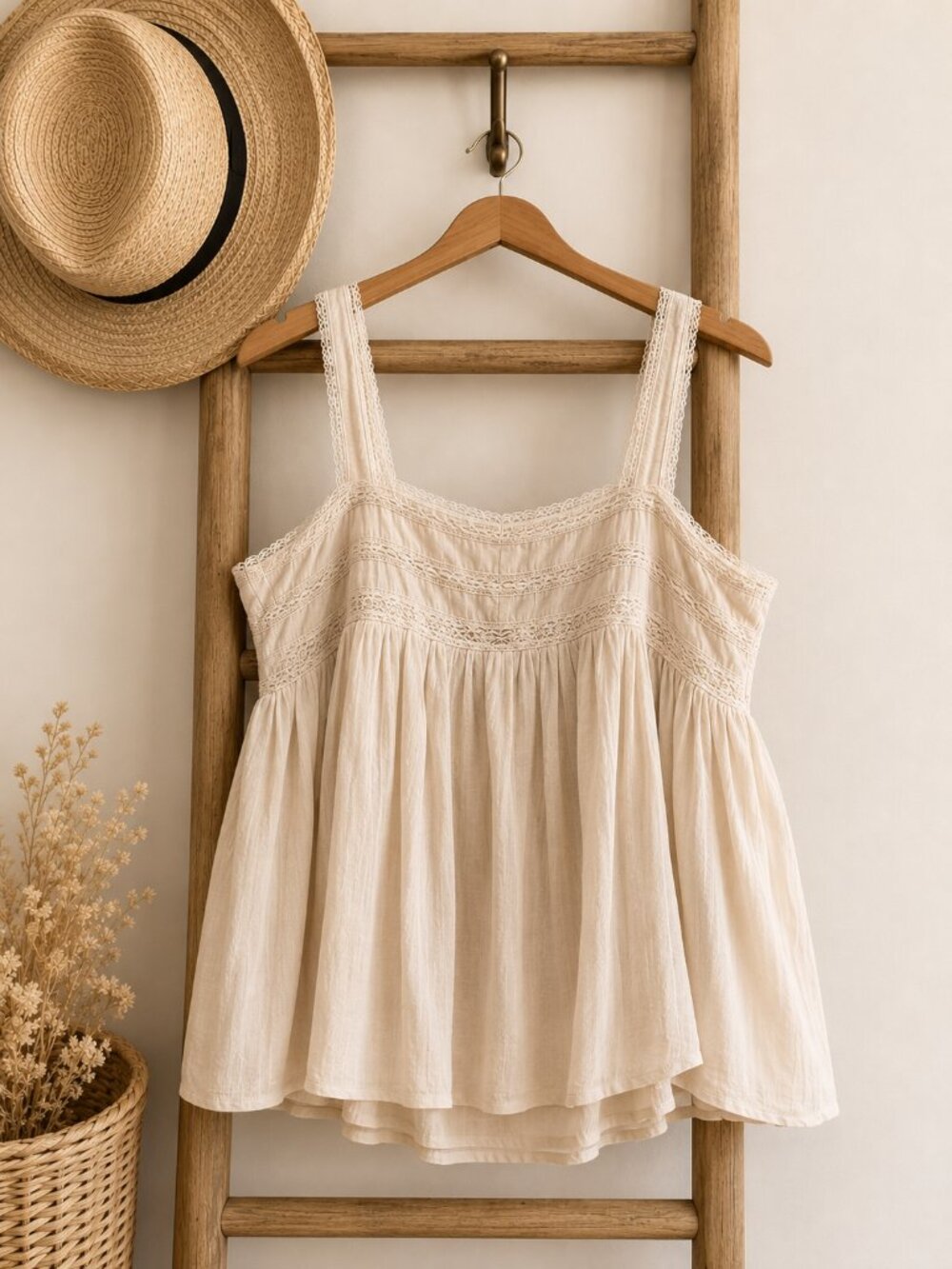 NWT Neuflora Cream Cotton Lace Trim Peasant Blouse | Cottagecore Boho Top - Picture 3 of 3